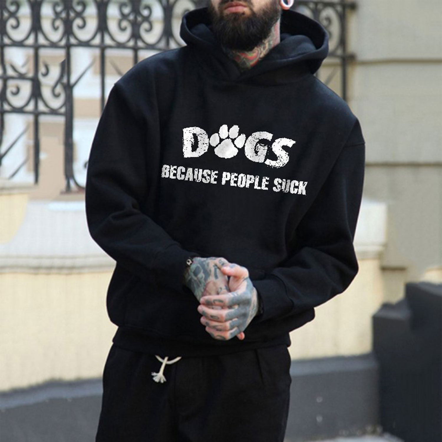 DRUGS BECAUSE PEOPLE SUCK Letter Casual Black Print Hoodie