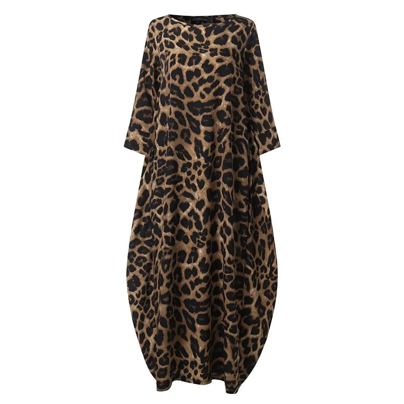Stylish Leopard Summer Dress 2022 Women's Printed Sundress ZANZEA Casual 3/4 Sleeve Maxi Vestidos Female O Neck Robe