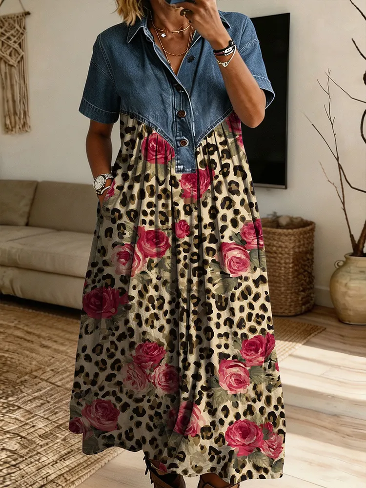 Women&rsquo;s Denim Spliced Leopard Rose Floral Print Shirt Midi Dress With Pockets