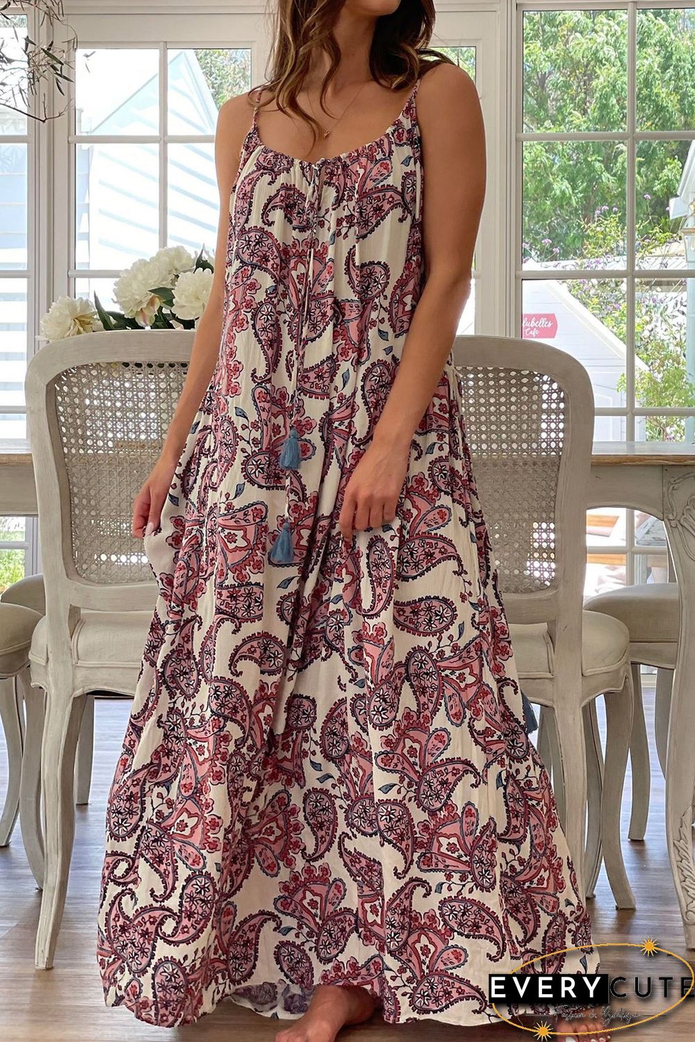White Boho Paisley Print Spaghetti Straps Maxi Dress