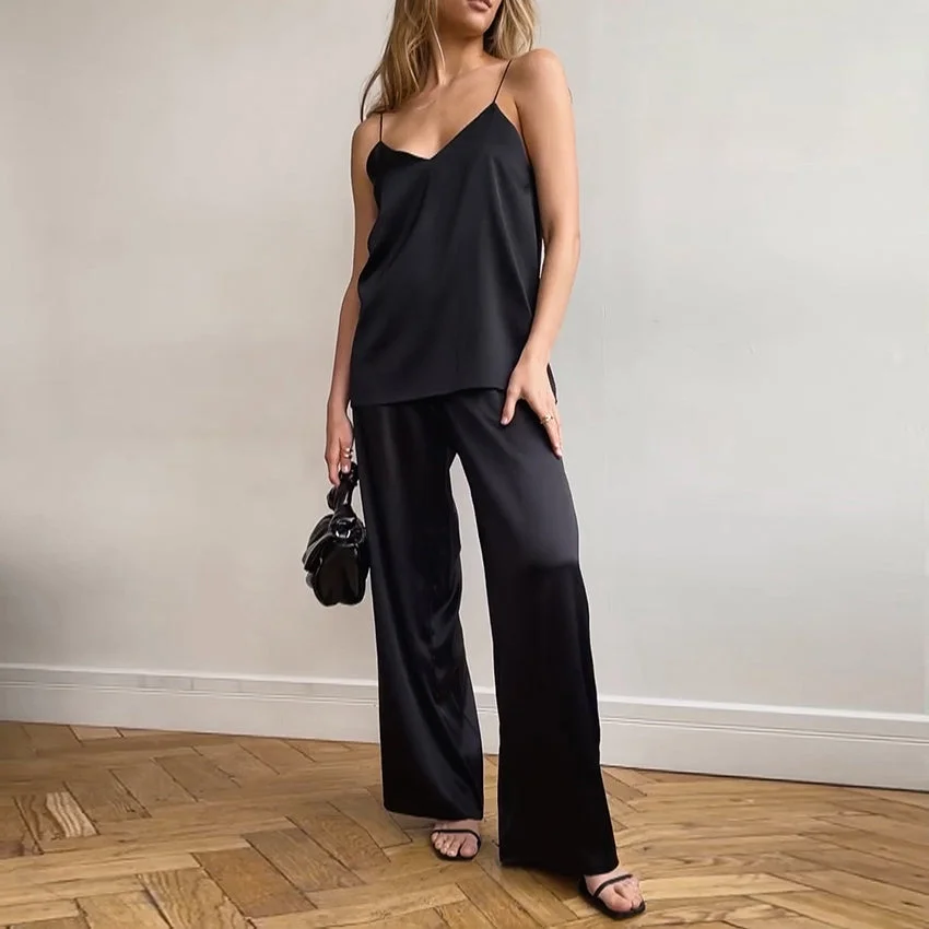 Hiloc Black Satin Sleepwear Women Pajamas