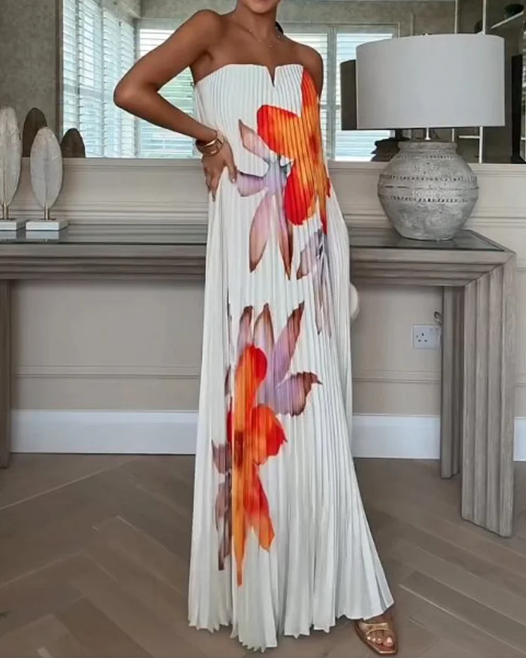 Sleeveless printed pleated dress