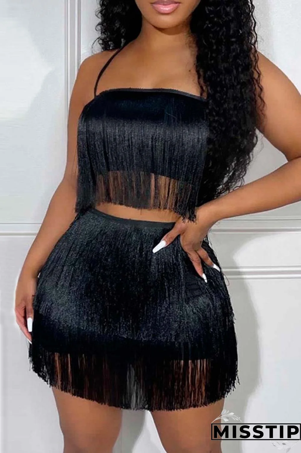 Black Sexy Casual Solid Tassel Patchwork Backless Spaghetti Strap Sleeveless Two Pieces