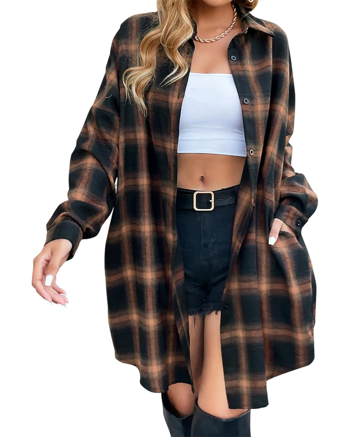 Women's Button Down Flannel Shirts Plaid Shacket  Collared Long Jacket Coats