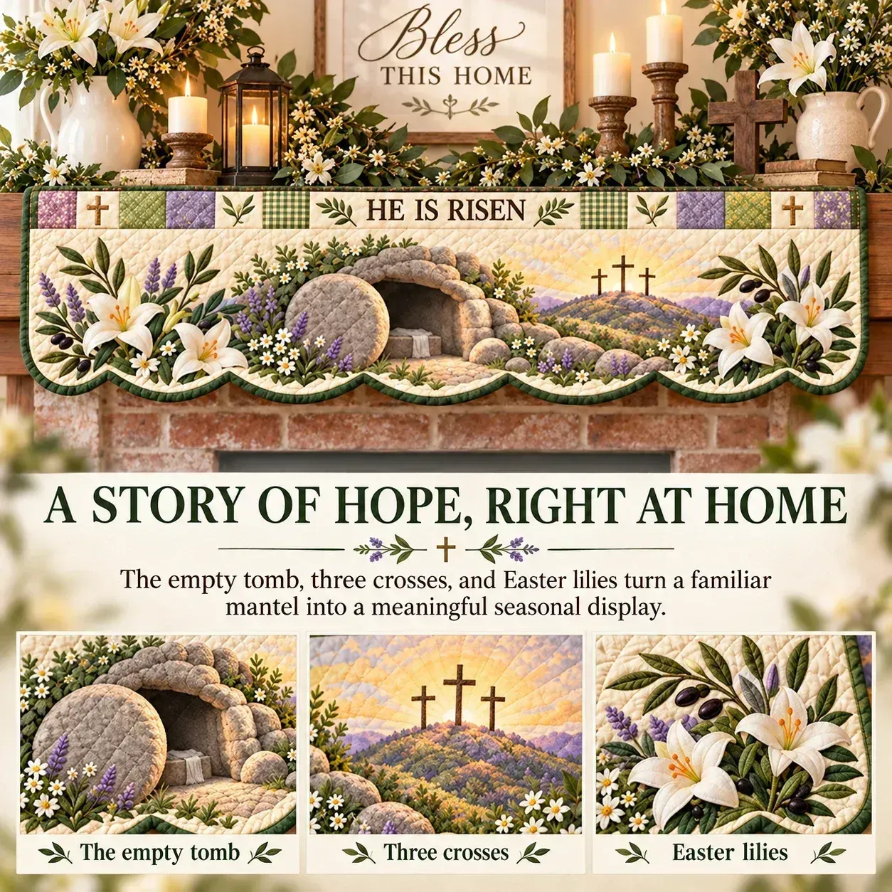 He Is Risen mantel scarf details including the empty tomb, three crosses and Easter lilies