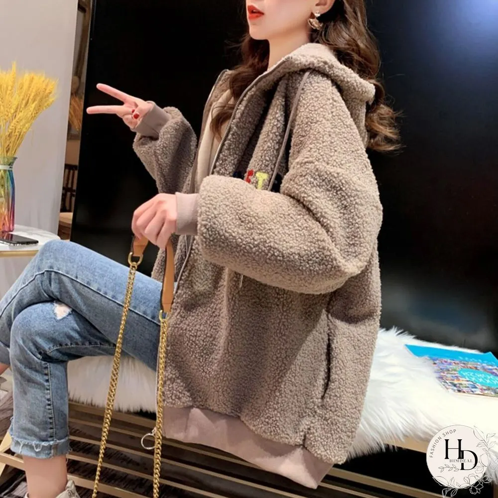 Winter Warm Embroidery Letter Wool Coats With Hood Women Loose Casual Korean Fashion Lady