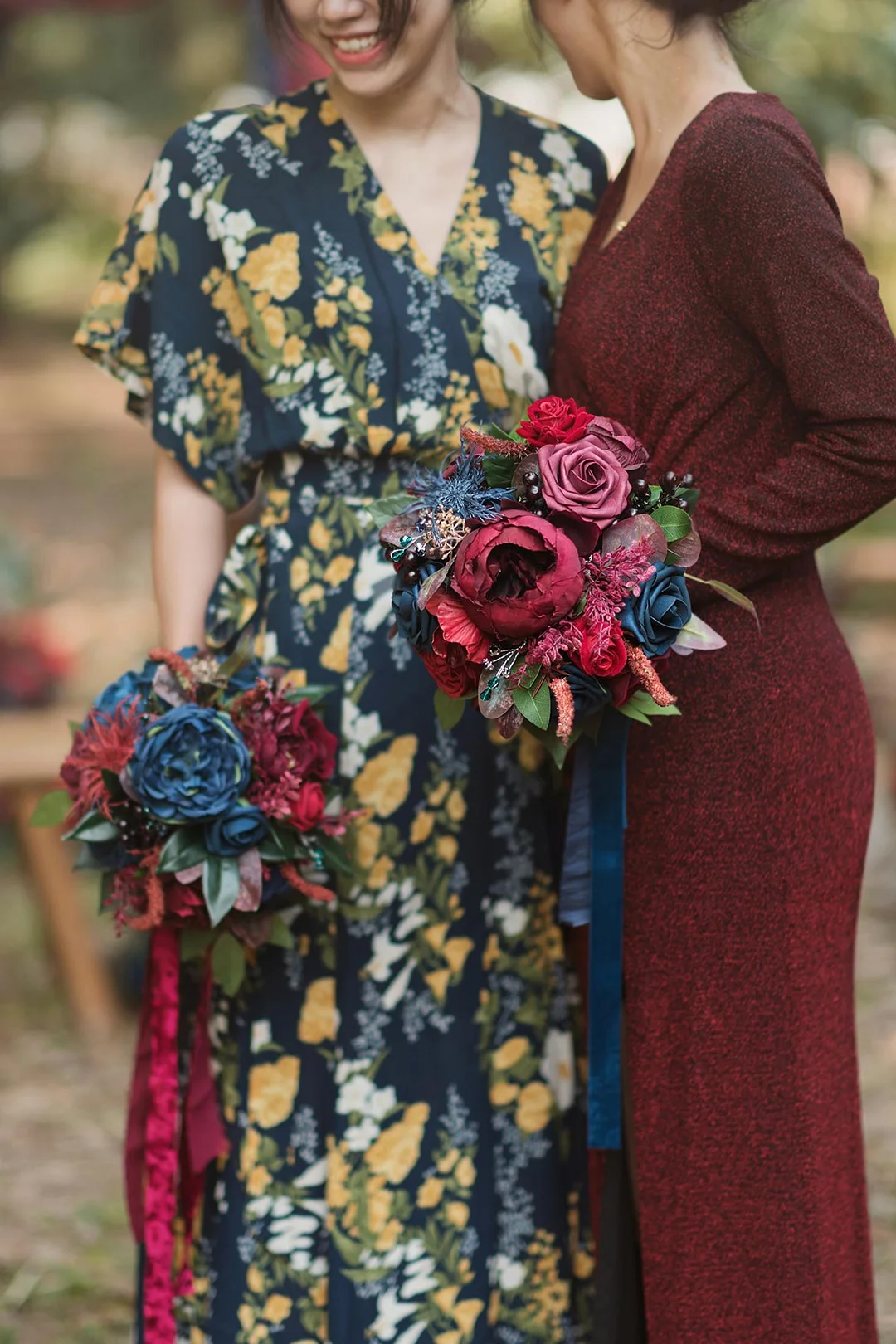 Maid of Honor & Bridesmaid Bouquets in Burgundy & Navy