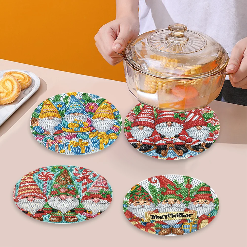 4pcs Gnome Diamond Art Coasters Kits for Home Party and Holiday Decorations