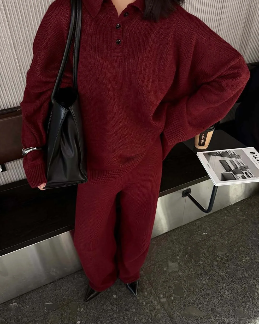 Athvotar Athvotar And Winter Solid-Color Lap-Over Sweater Set Women's Loose Knit Polo Collar Sweater Broad Leg Pants Two-Set