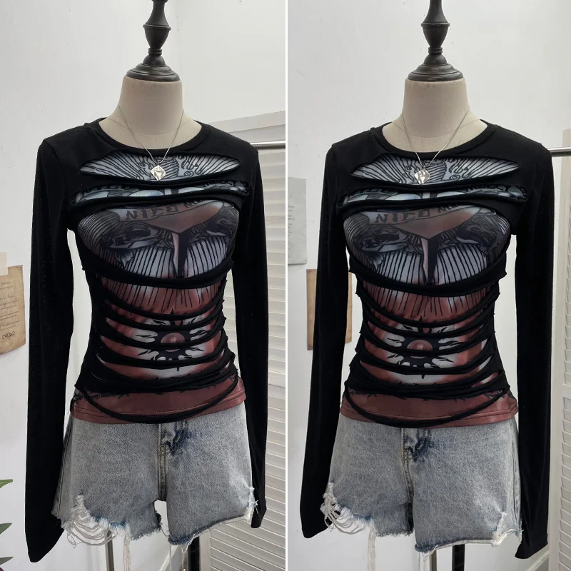 Nigikala Nigikala Shooting Design Y2k Vintage T-Shirt Prints Long-Sleeved T-Shirt Slimming Bottom Top 1176