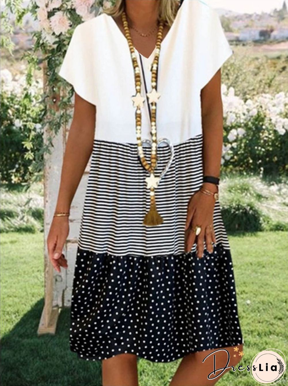 Women's Fashion Plus Size Casual Short Sleeve Loose Summer Print V-neck Dress