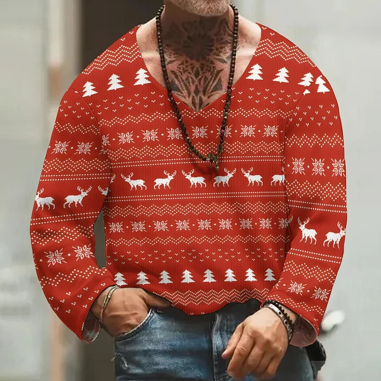 Christmas Casual Printed V-neck Sweater