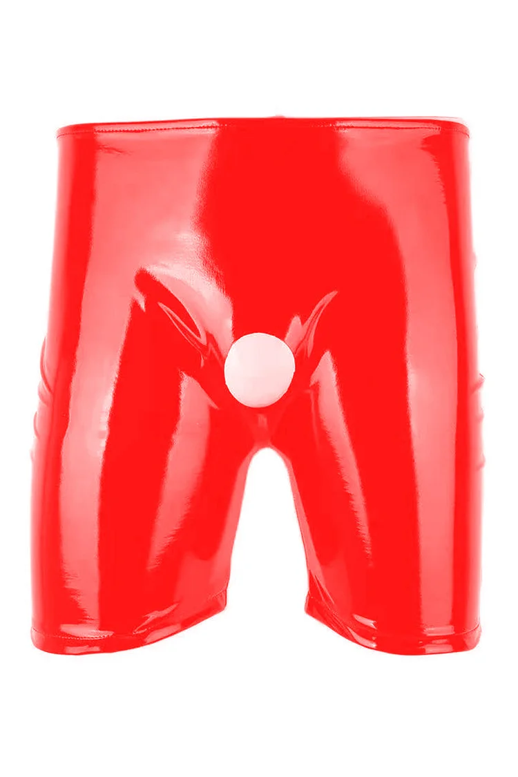 Men's PU Leather Tight Fit Open Crotch Red Shorts