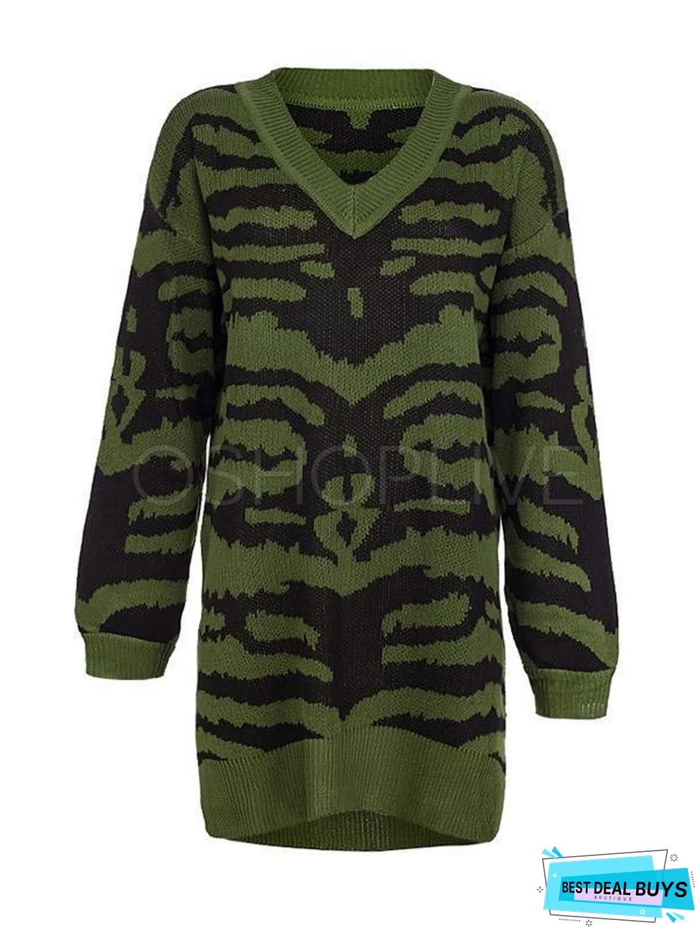 Printed Slit Long Sleeve V-Neck Sweater