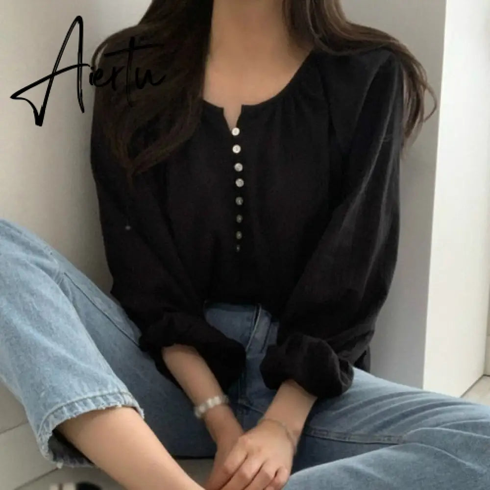 Fashion Temperament Long Sleeve Thin Shirt Women Chic Solid Color Blouse Spring Autumn Loose Shirts Tops Aiertu