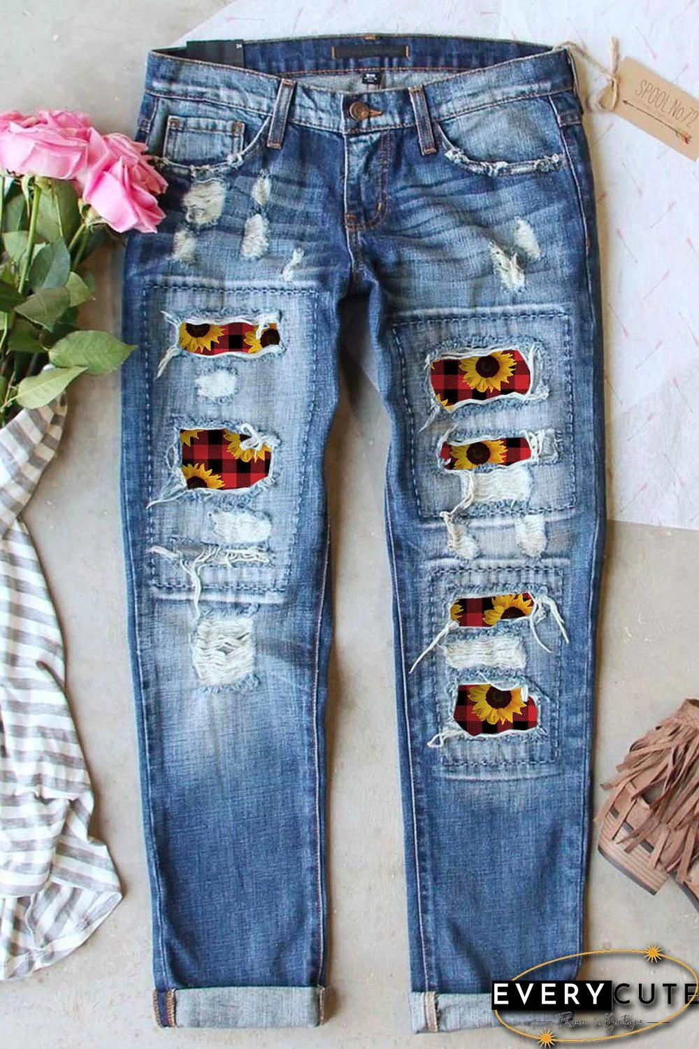 Sunflower Plaid Patch Ripped Boyfriend Jeans