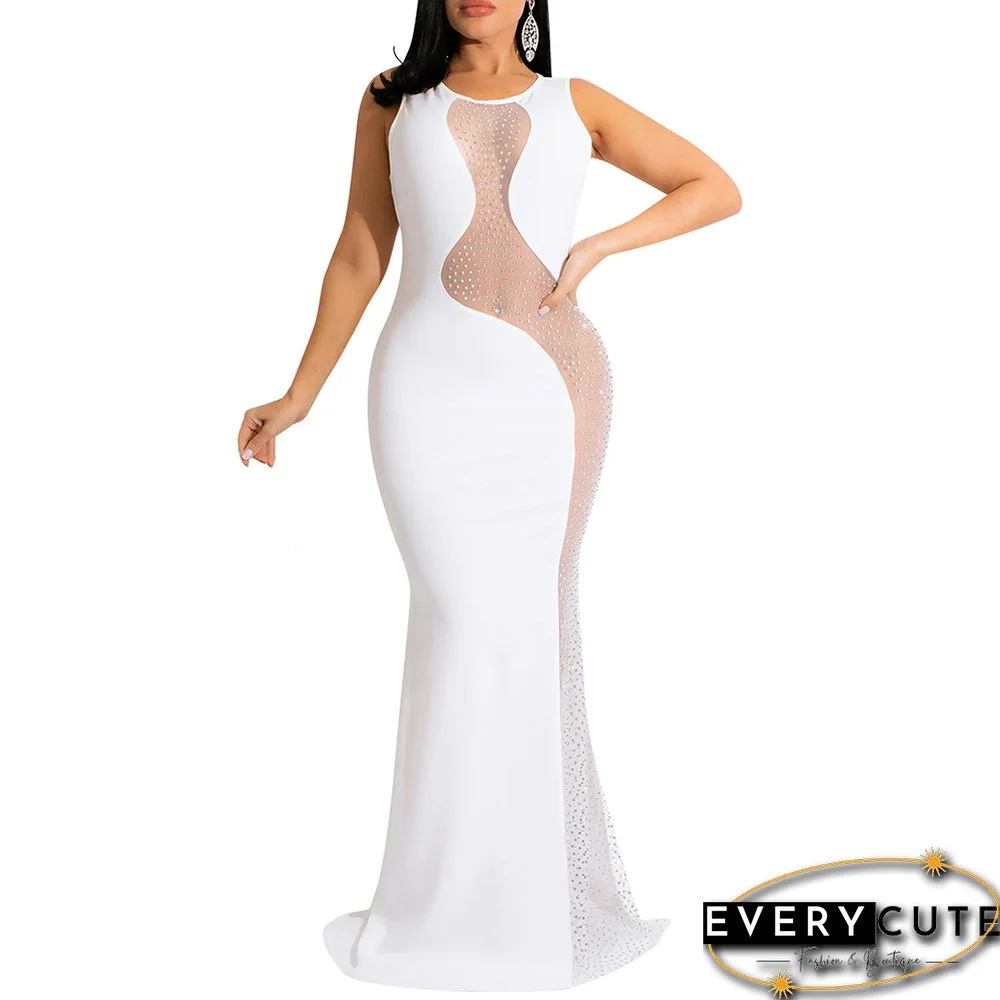White Rhinestones Mesh Sleeveless Maxi Dress