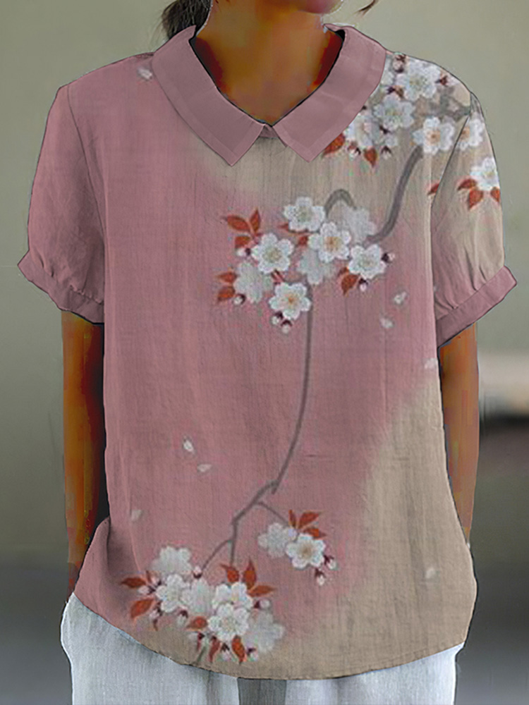 Comstylish Vintage Cherry Blossom Art Print Casual Cotton Linen Shirt