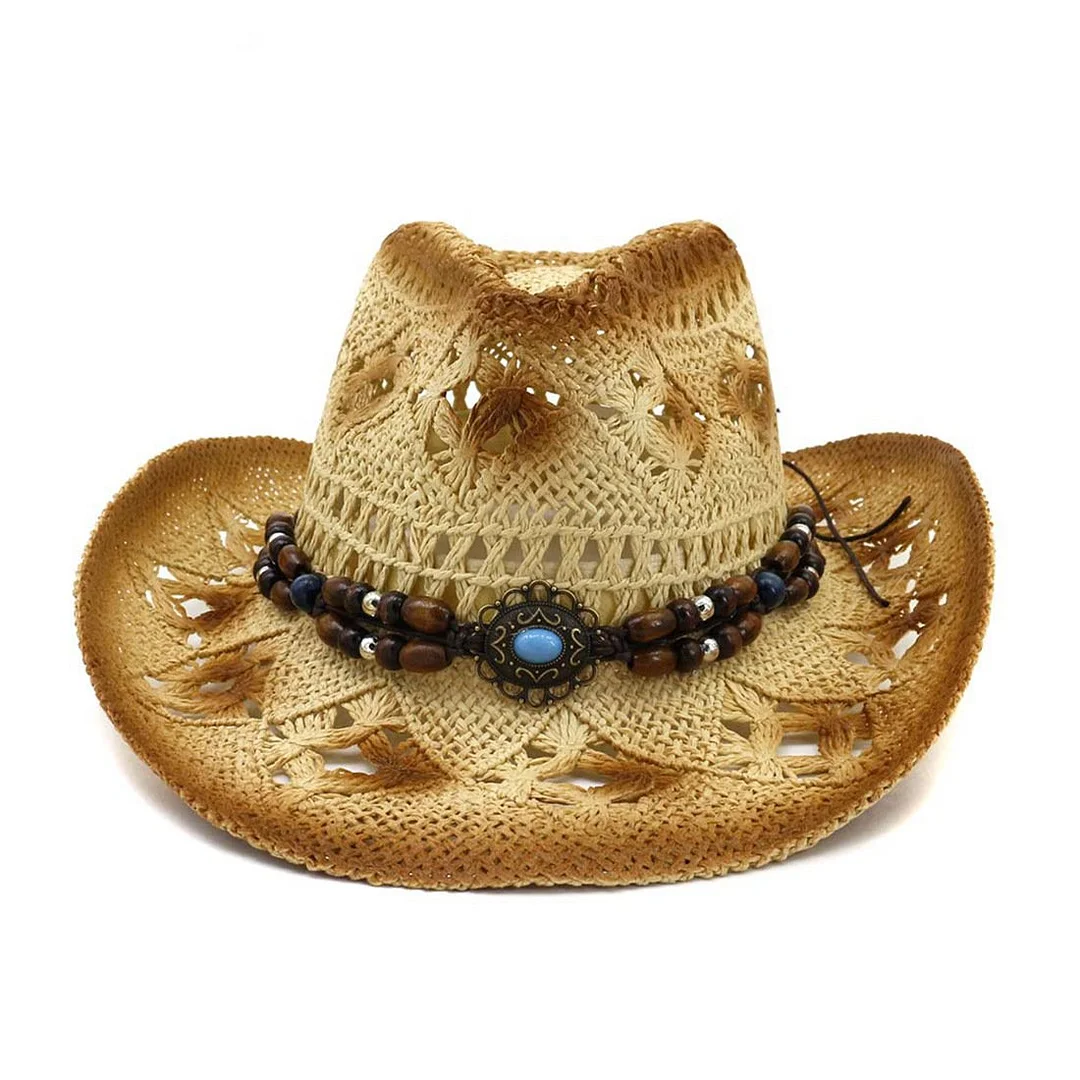 Men & Women's Cowboy Hats Woven Beads Decoration Curling Straw Hat