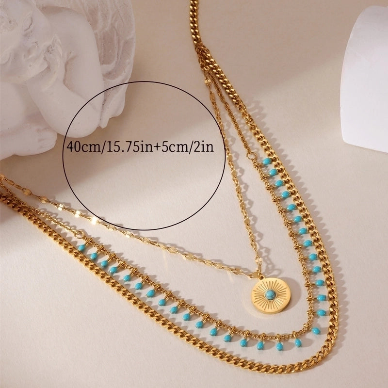 A Temperament 18K Real Gold Stainless Steel Turquoise Star Plate Pendant Multi-Layer Necklace Suitable For Women’s Daily Party Wear
