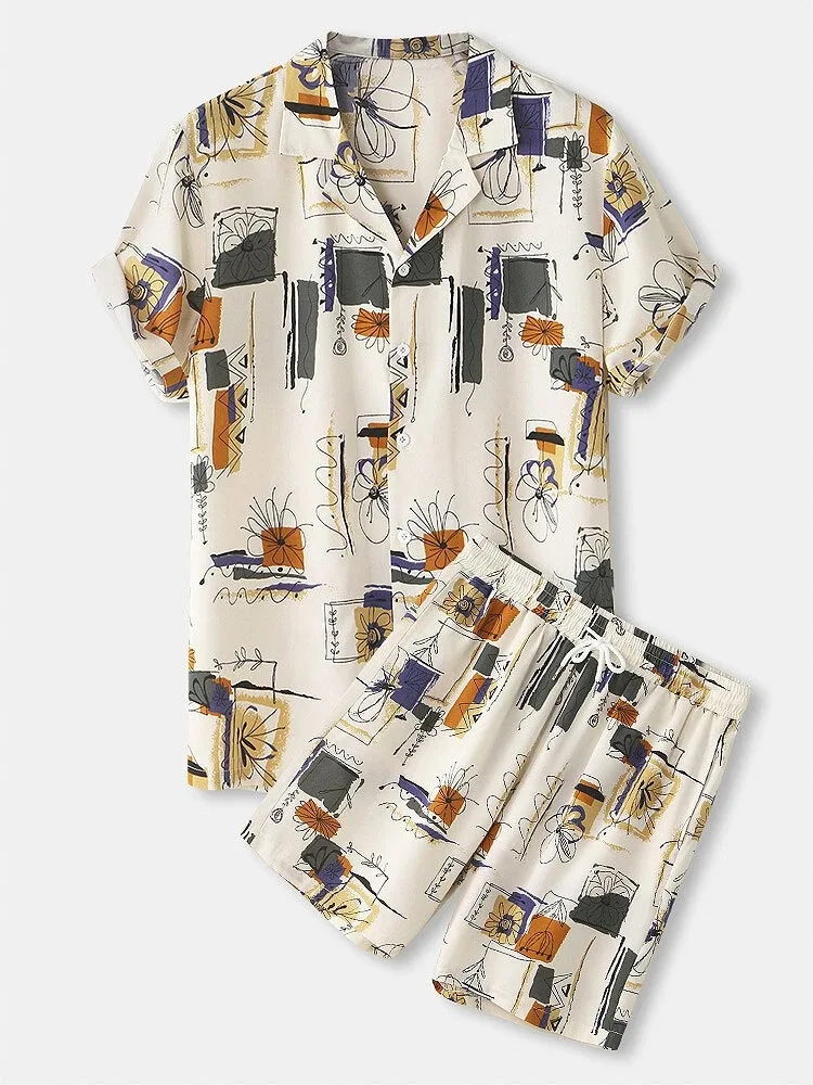 Eastmentires fashion clothes men New Hawaiian Loose Print Collar Short Sleeved Mens Set Beach Outfit Short Sleeved Shorts Two-piece Set