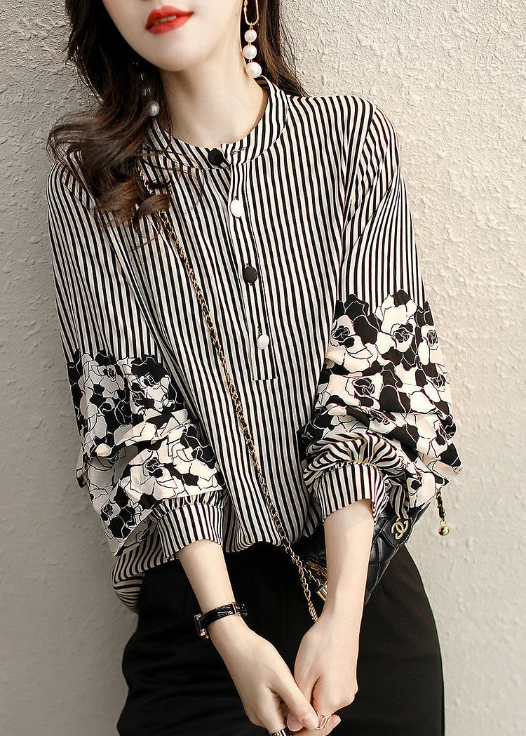 Handmade Black Striped Stand Collar Patchwork Print Chiffon Shirt Long Sleeve