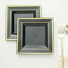 10 Pack | 7" Gold Trim Black Square Plastic Salad Dessert Plates