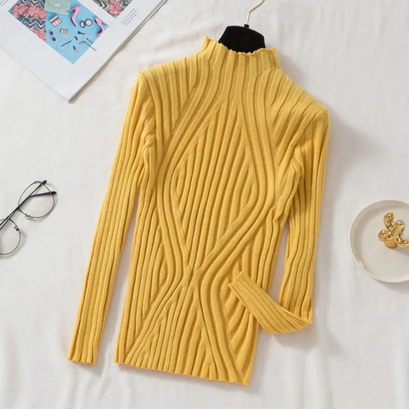 2021 Autumn Rainbow Slim Solid Sweater Tops Pullover Knitted Sweater Women Casual Long Sleeve Office Lady Jumper Sweater 17041