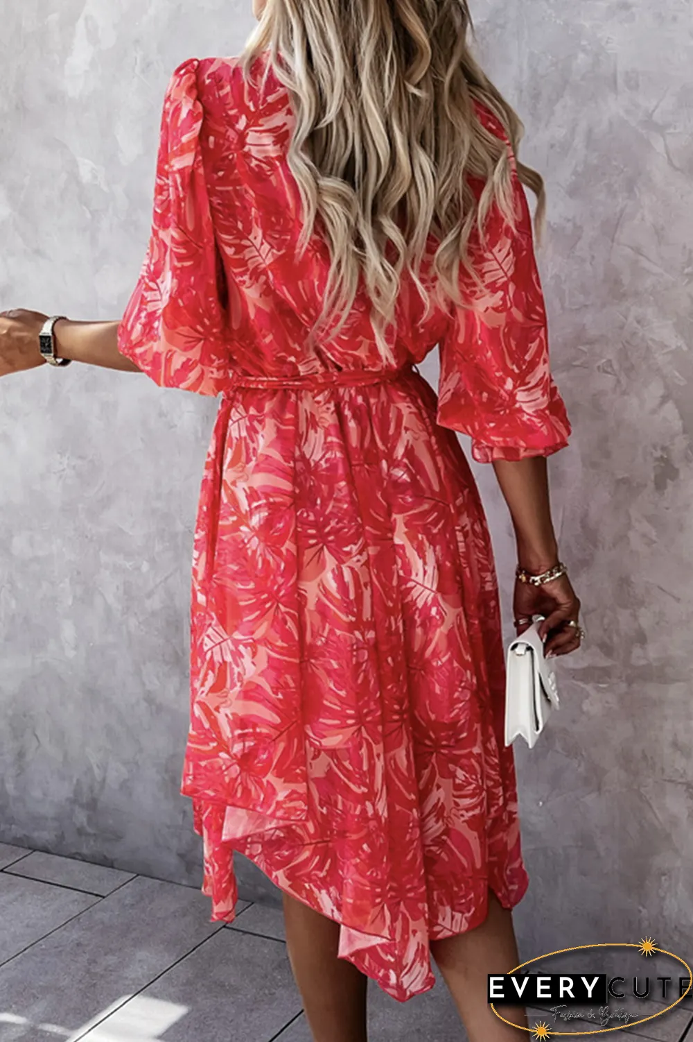 Fashion Elegant Floral Buckle With Belt V Neck Irregular Dress Dresses