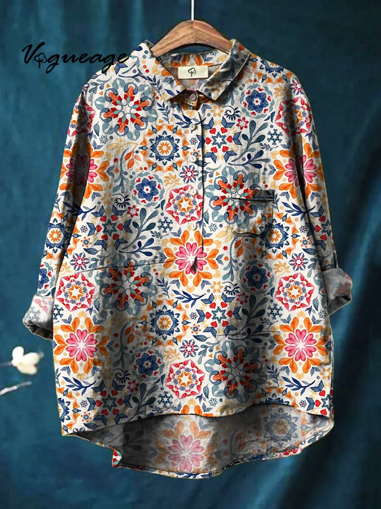 Intellectual Elegant And Dignified Flower Print Cotton And Linen Shirt