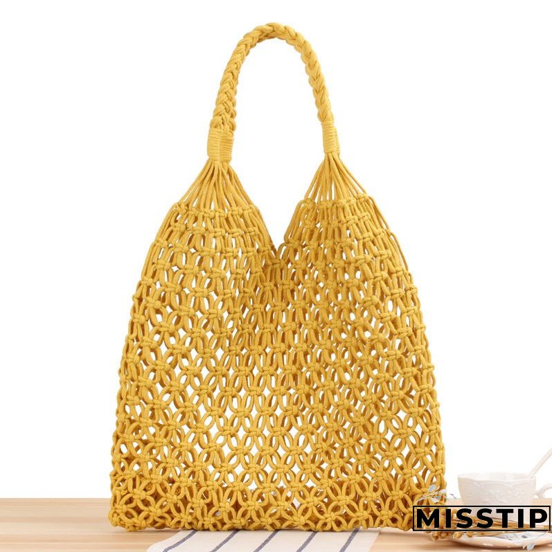 Paziye Shoulder Woven Bag Handbag Handmade Cotton Rope Net Bag Beach Bag