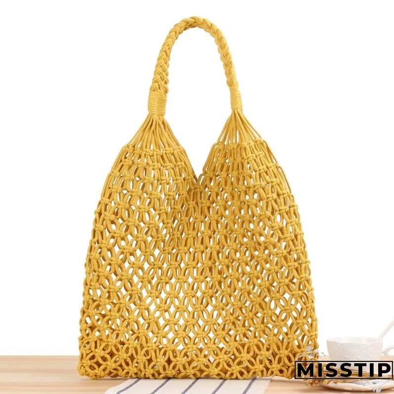 Paziye Shoulder Woven Bag Handbag Handmade Cotton Rope Net Bag Beach Bag
