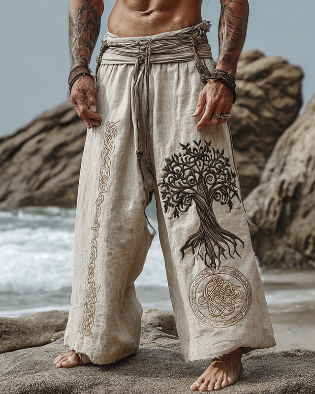 Men's Casual Viking Themed Tree of Life 3D Embroidered Linen Pants 02ba