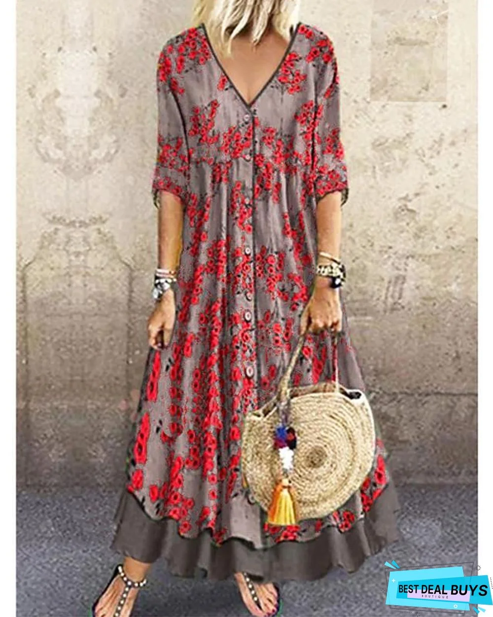 Women's A-Line Dress Maxi Long Dress - Half Sleeve Floral Layered Button Print Spring & Summer Deep V Hot Casual Holiday Vacation Dresses Loose Red Green Gray