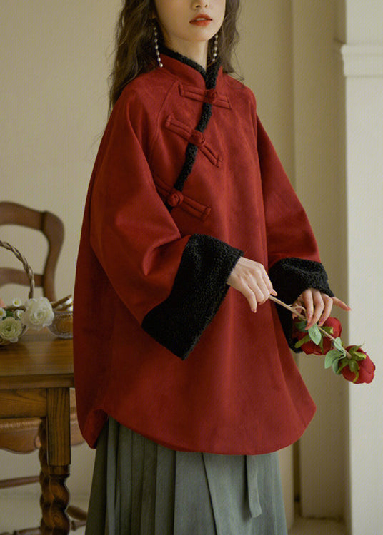 VCSHOES Red Stand Collar Button Warm Fleece Tops Long Sleeve