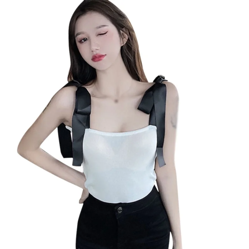 Jangj Women Caution Machine Strap Thread Elastic Shoulder Tie Bow Slim Short Sling Vest