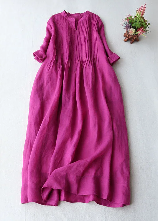 French Rose V Neck Wrinkled Pockets Patchwork Linen Dresses Summer