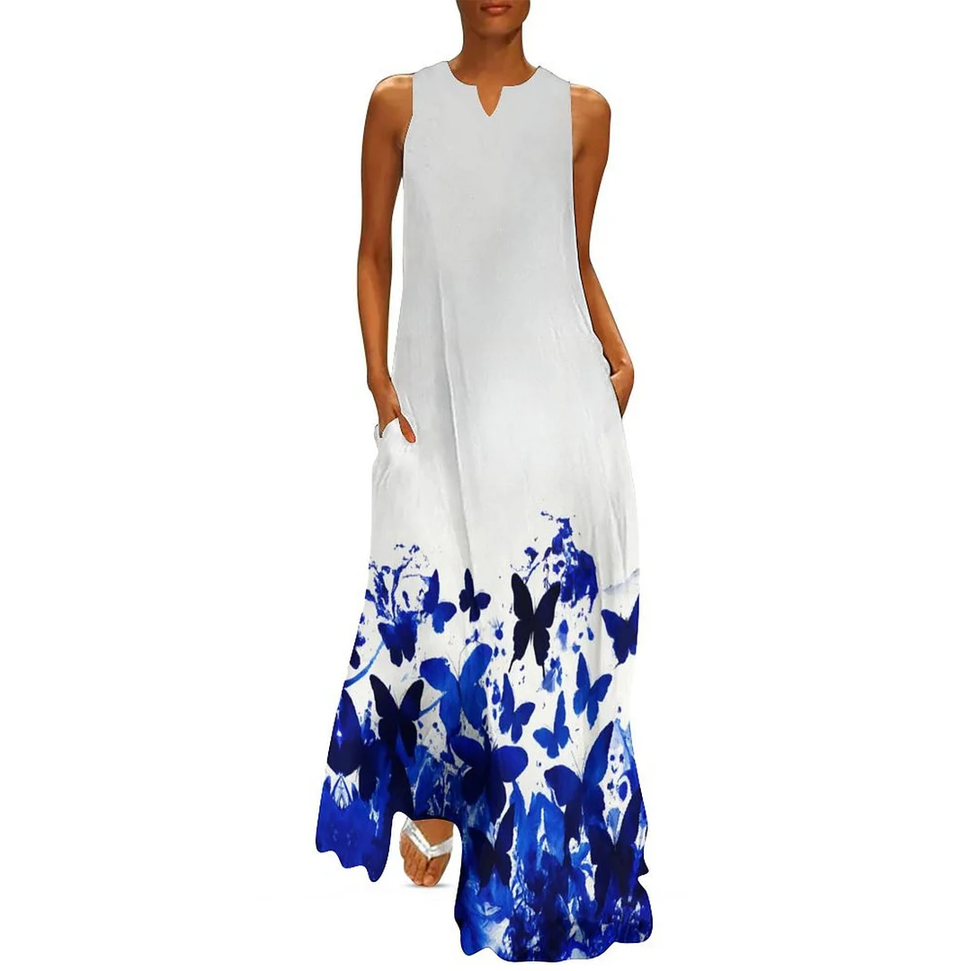 Style & Comfort for Mature Women Plus Size Printed Sleeveless Casual Women Maxi Dress with Pockets in Pattern Butterflies, Floral, Blue, Watercolor