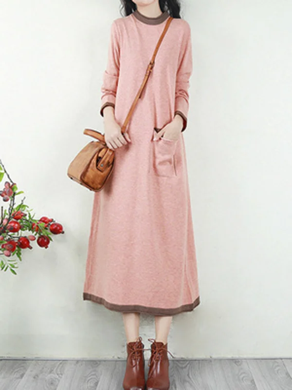 Minimalist Long Sleeves Roomy Contrast Color High-Neck Sweater Dresses