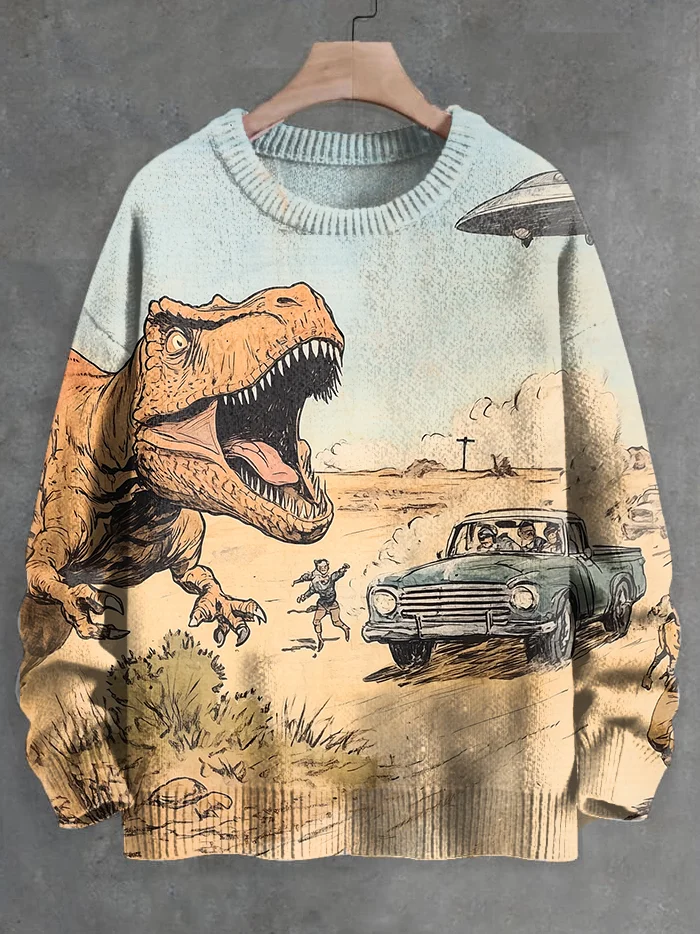 Men's Retro Western Desert Dinosaur Car Print Knit Sweatshirt
