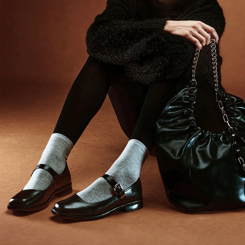 Classic Black Faux Leather Flat Square Toe Buckle Strap Mary Jane Shoes