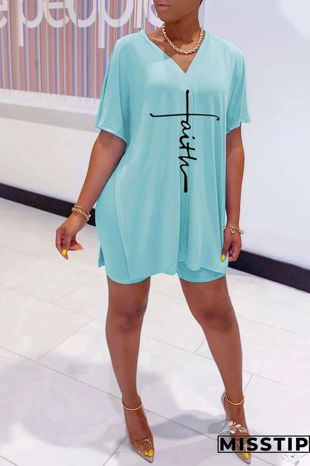 Burgundy Casual Print Patchwork V Neck Short Sleeve Two Pieces