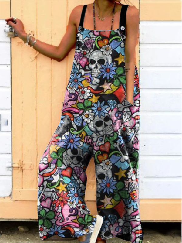 punk skull casual printed overalls