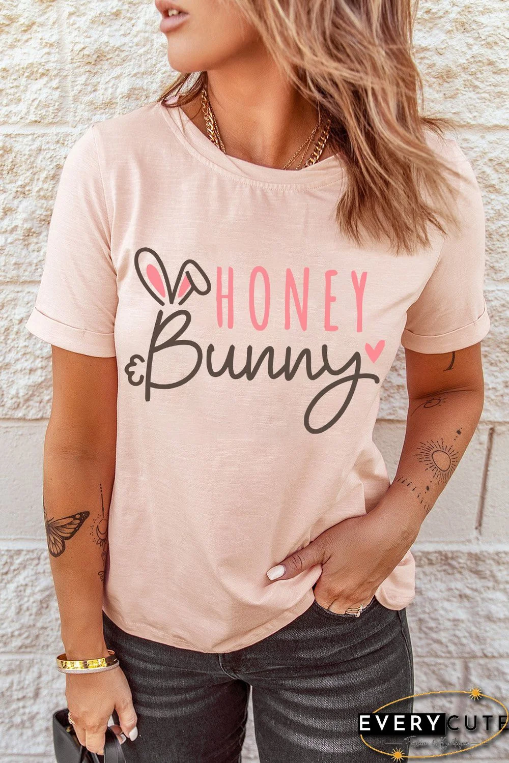 Pink HONEY Bunny Graphic Cuffed Sleeves T-shirt