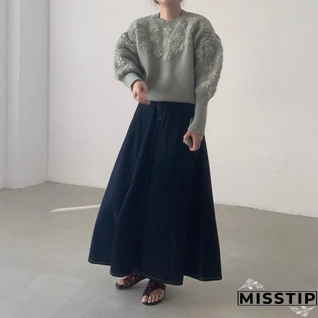 Thanksgiving Gift Vintage Daisy Embroidery Sweaters Women Korean Style Loose Lantern Sleeves Knit Pullovers Female Autumn Winter Thick Warm Jumper