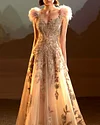 A-LINE BEADED LACE DRESS WITH FEATHERS ON SHOULDER