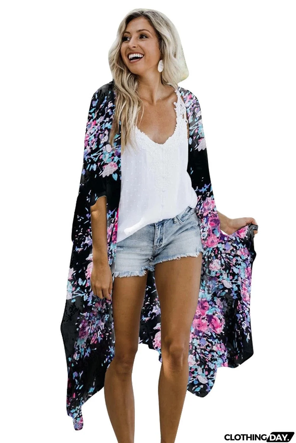 Floral Kimono Sleeves Chiffon Loose Beach Cover Up