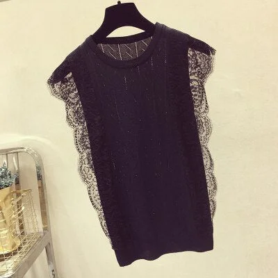 2021 Spring Summer Korean Fashion Women Mesh Shirt Sleeveless O-Neck Lace Knitted Patchwork Tops Hollow Out Clothes Blusas 8795