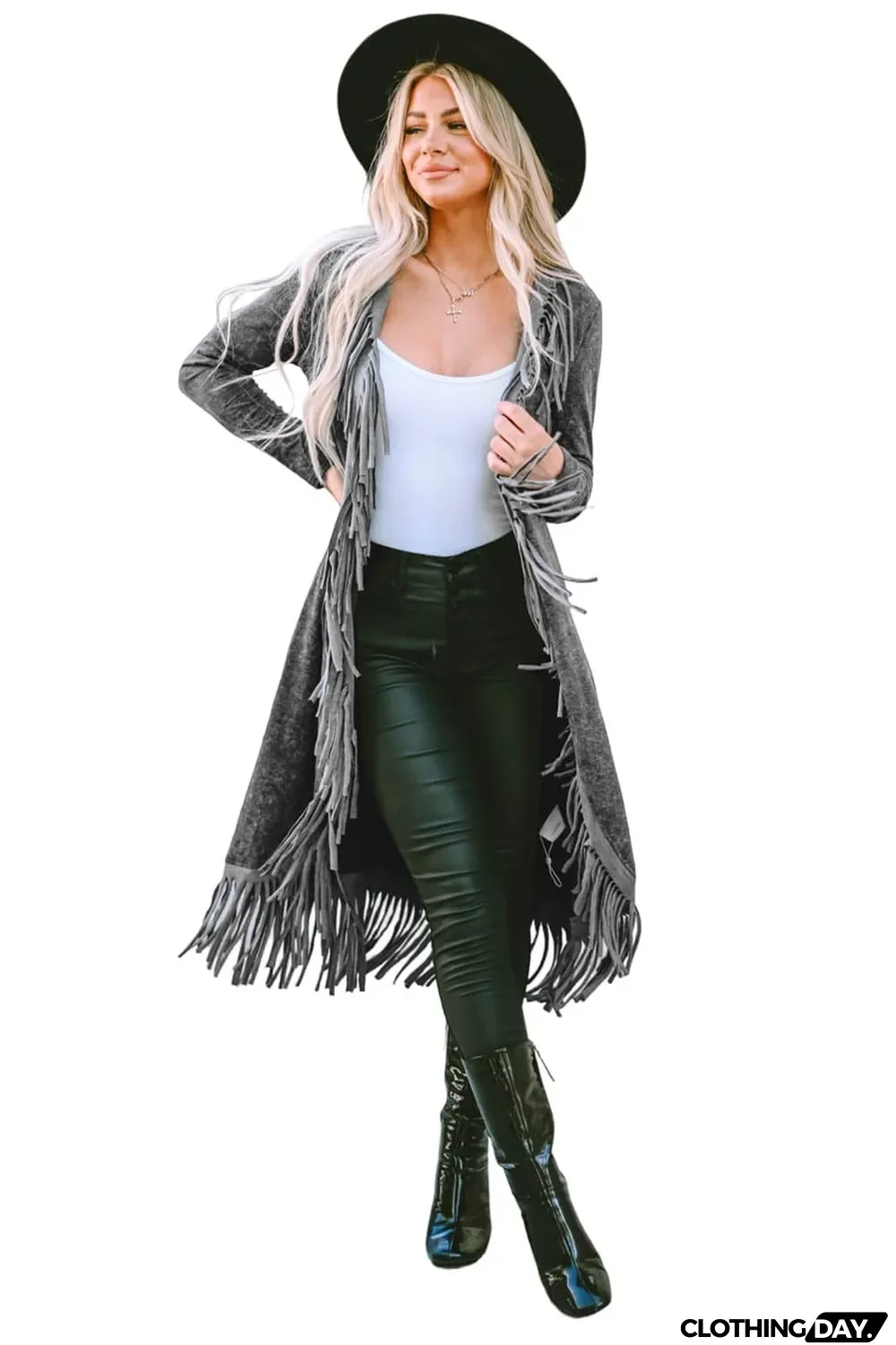 Black Fringed Hem Pocketed Open Cardigan