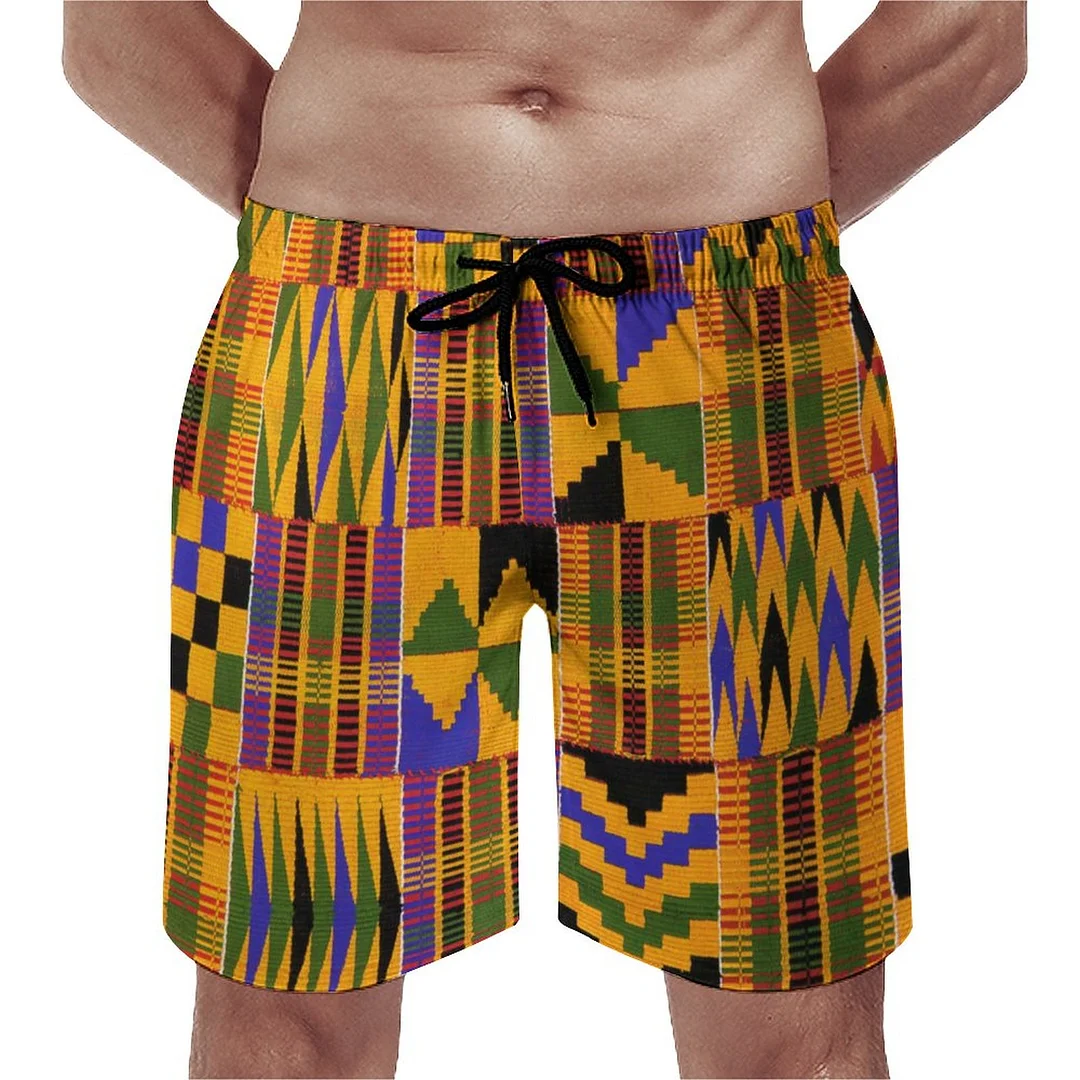 African Ethnic Tribal Gold Geometric Pattern Men's Swim Trunks Summer Board Shorts Quick Dry Beach Short with Pockets